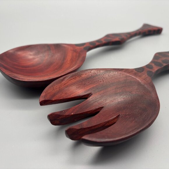 Vintage Hand-Carved Padauk Wood African Safari Salad Servers Set - Picture 2 of 6